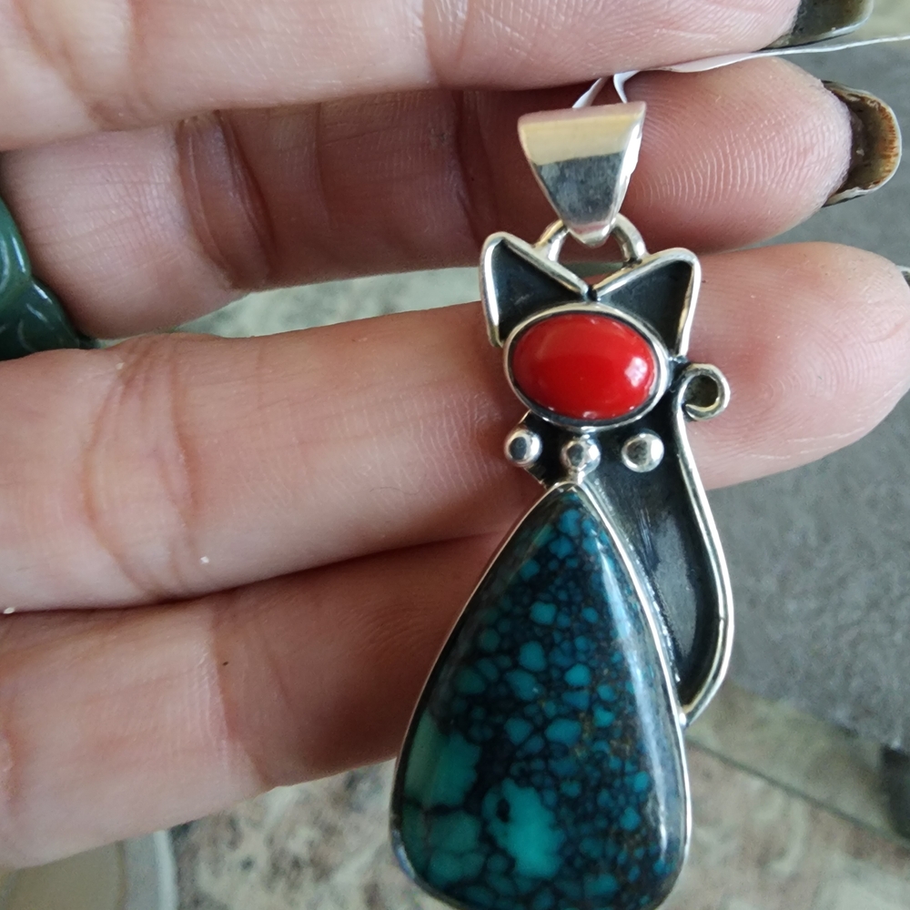 Silver Cat Pendant with Red and Turquoise Accents